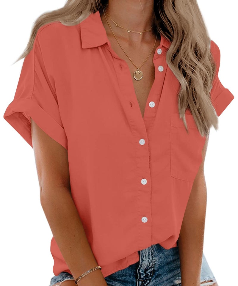 Beautife Womens Short Sleeve Shirts V Neck Collared Button Down Shirt Tops with Pockets Tangerine - Image 1